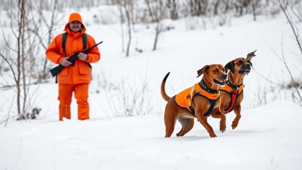 Hunter skiing with bird dogs in snowy backcountry