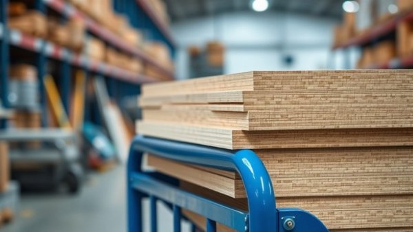 Plywood sheets on a blue cart in a hardware store, ready for transport.
