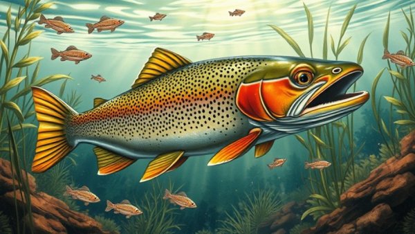 Illustrated trout in limestone stream with surrounding fish, vibrant setting.