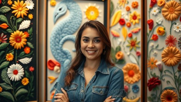 Woman at Tiny Pricks Project exhibit with embroidered art wall.