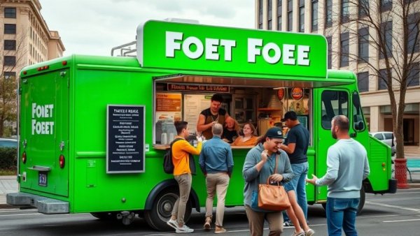 Broadway Food Truck Park scene with vibrant green food truck and customers.