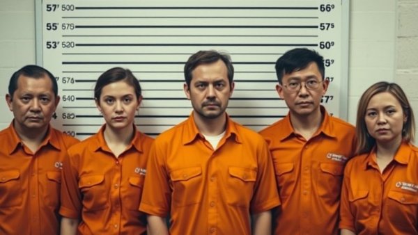 Five individuals in orange uniforms with somber expressions against a height chart related to Tunica County shootings.