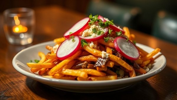 Barksdale's chilaquiles fries with radish and cilantro garnish on a plate