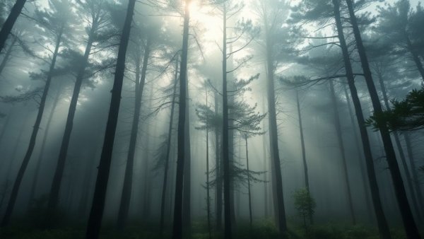 Misty forest landscape with sunlight filtering through trees.