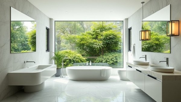 Enameled Lava Stone Bathroom Design with large windows and modern aesthetics.