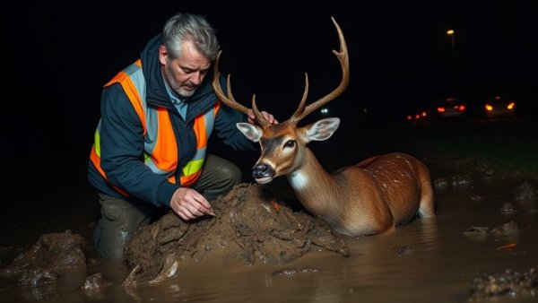 ATV rescue in mud incident: man helping deer stuck in mud.