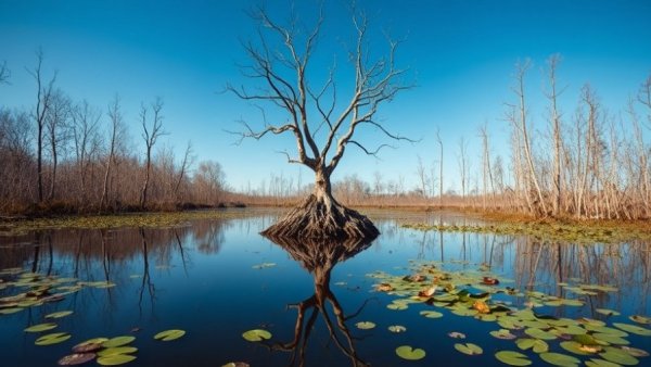 Okefenokee swamp with lone tree and lily pads under blue sky.