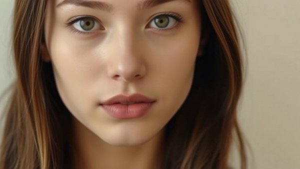 Portrait of young woman with neutral expression, plain background.