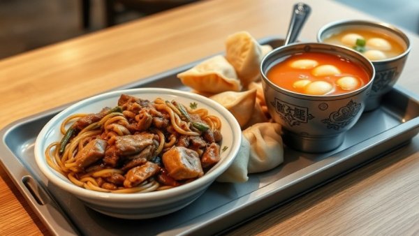$15 Deal at Little Petals Chinese featuring noodles, dumplings, and soup on a tray.