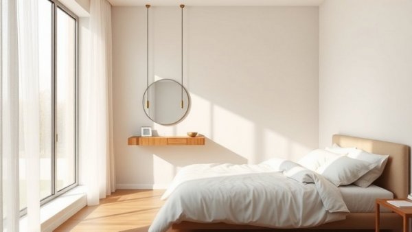 Minimalist bedroom with desk and mirror reflecting the Vernal Equinox Home Trends.