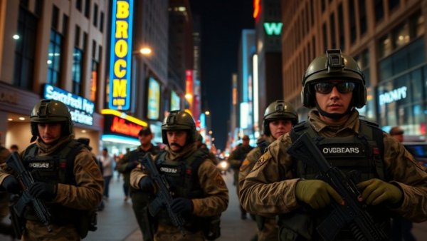 Military personnel in tactical gear responding in downtown Memphis at night.