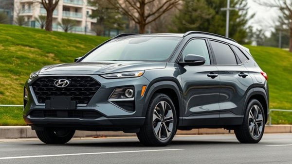 Sleek dark gray Hyundai SUV parked beside a green park.