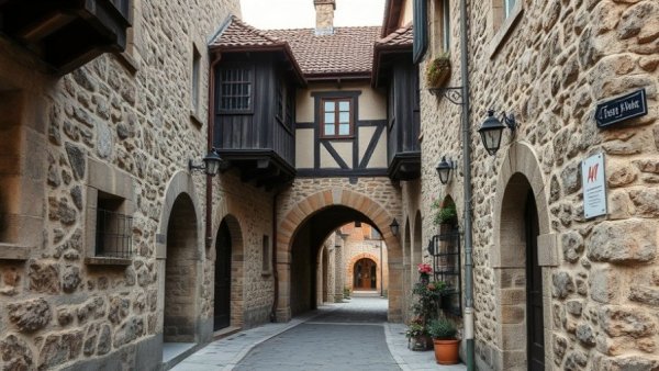 Medieval architectural street transformation scene