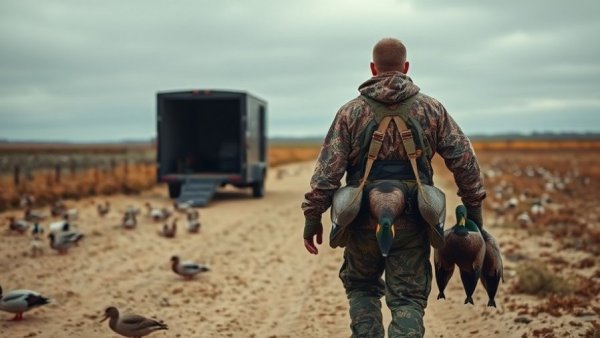 Hunter in camouflage with duck decoys near trailer in rural Saskatchewan.