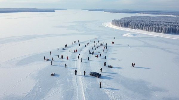 Montreal Lake ice fishing derby aerial view amidst cheating accusations.