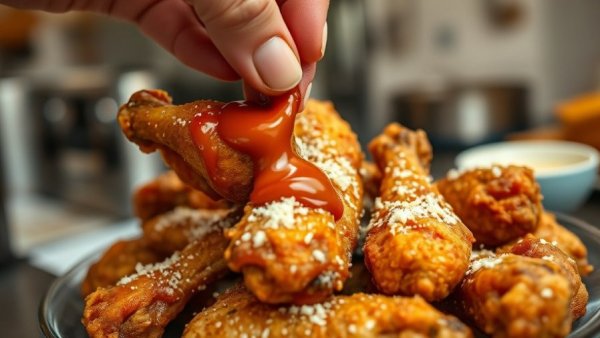 Hand applying sauce on chicken wings at World Wing Cup.