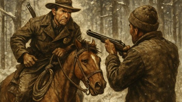 Vintage game warden and man with rifle in snowy forest, wildlife conservation scene.