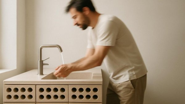 Perforated brick design ideas - man at unique counter