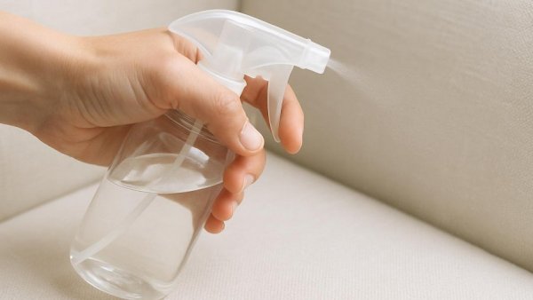 Hand spraying cleaner on a white sofa for maintenance tips.