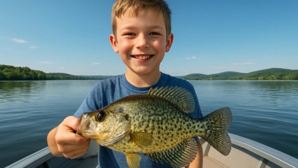 Young boy's record crappie catch on a boat under blue sky.