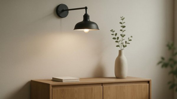 Minimalist room featuring a French industrial wall light.