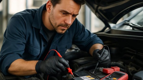 Mechanic testing car battery with multimeter in engine bay, diagnosing car battery draining causes.