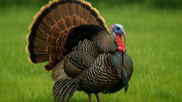 Vibrant wild turkey displaying plumage in grassy field.