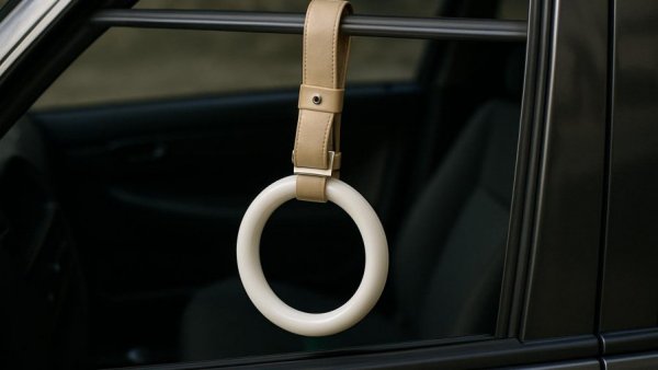 Close-up of a tsurikawa car accessory hanging inside a car.