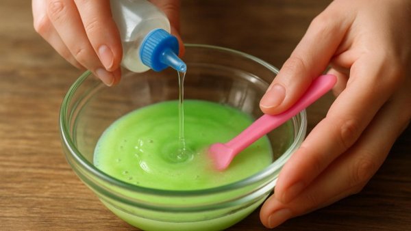 Homemade car cleaning slime being made with a liquid mixture.