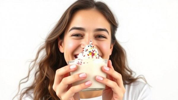 Smiling woman with ice cream promoting Kaye's Pints & Scoops new scoop shop.