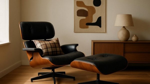 Modern cozy living space with sleek chair and artistic decor.