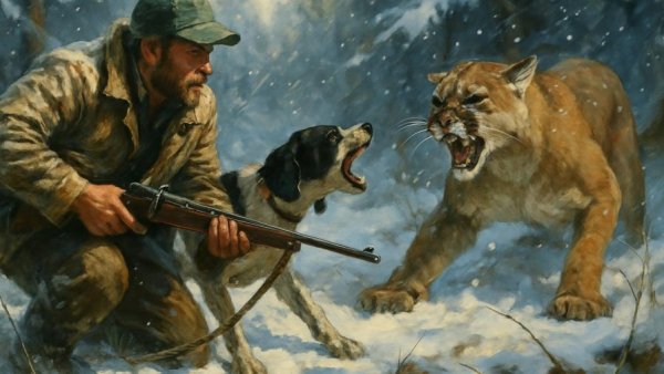 Dramatic encounter with a cougar and man in snowy setting, detailed painting.