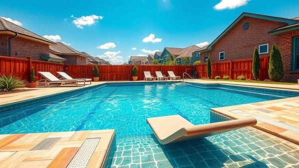 Modern pool with in-floor cleaning system on a sunny day