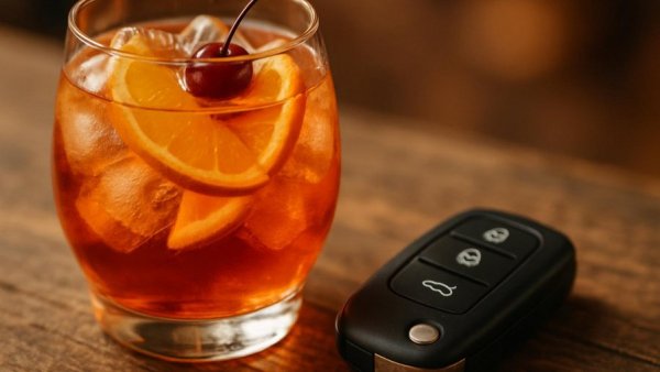 Cocktail glass and car key fob on wooden table, related to Federal Surveillance New Cars.