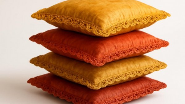 Plant-Dyed Silk Cushions in vibrant hues with crochet edges.