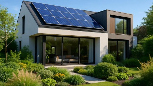 Modern house with solar panels highlighting HVAC and solar upgrades.