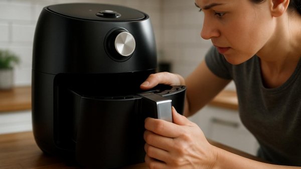 Person troubleshooting an air fryer in a modern kitchen.