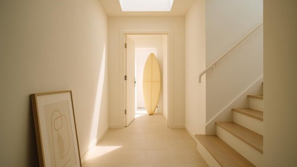 Minimalist hallway with white walls and surfboard, favorite paint colors.