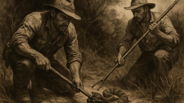 Two men hunting rattlesnake in wilderness, emphasizing safety.