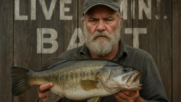 Bearded man holding large bass fish at tournament.