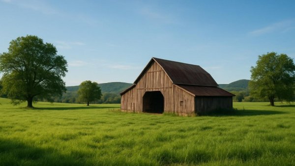 Scenic country field with rustic barn in bright green landscape