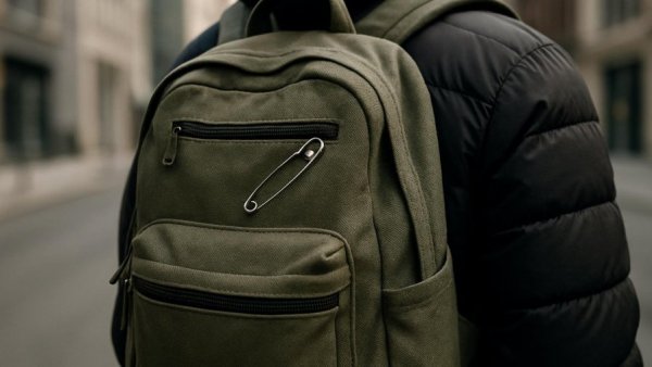 Safety pin hack on a green backpack in outdoor urban setting.