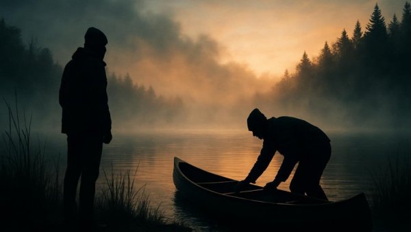 Boundary Waters protections, silhouetted figures by misty lake preparing for canoeing.