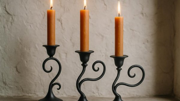 Elegant handmade metal candle holders with orange candles against a rustic wall.