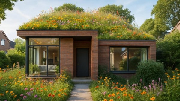 Modern house with a wildflower rooftop garden enhancing suburban style for MidSouth gardeners.