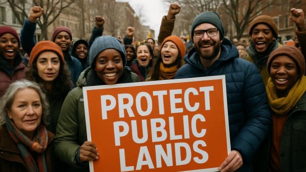 Idaho public lands rally with diverse crowd and vibrant sign.