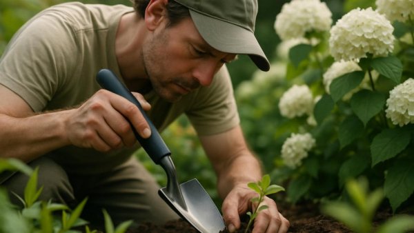 Exclusive gardening tool discount - Gardener using shovel in lush garden