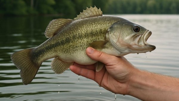 Neko Rig Fishing Techniques: Angler holding bass over calm lake