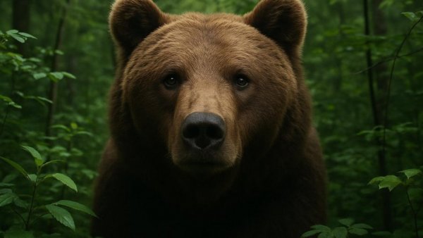 Curious brown bear in forest showcasing bear spray effectiveness.