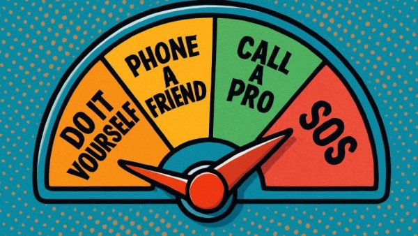 Retro gauge illustration with DIY solution highlighted.